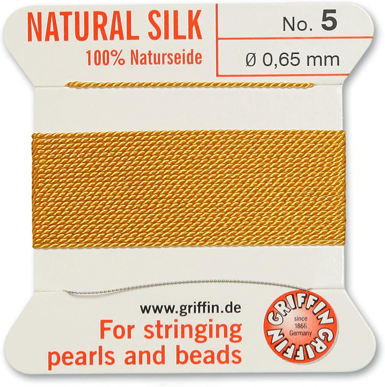 Griffin Silk Bead Cord Perlseide – Size 5 (0.65mm) – 2 Meters per Card – Stainless Steel Needle Attached – for Knotting Pearls, Gemstones, Crystals and Beads